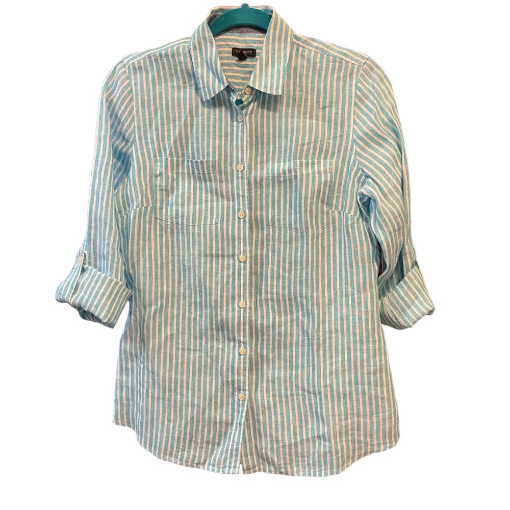 Talbots 100% Linen Striped Button Down Roll Tab S… - image 1